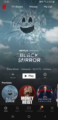 Netflix Android- ի գլխավոր էջը
